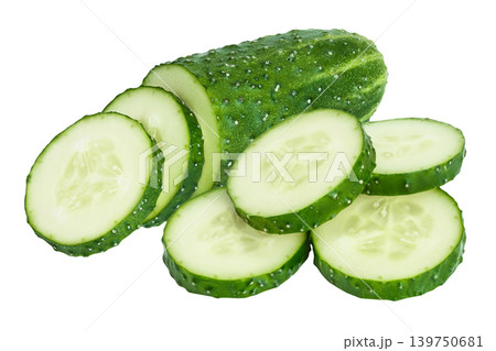 Sliced cucumber isolated on white background with full depth of field, Sliced cucumber isolated on white background with full depth of field, 139750681