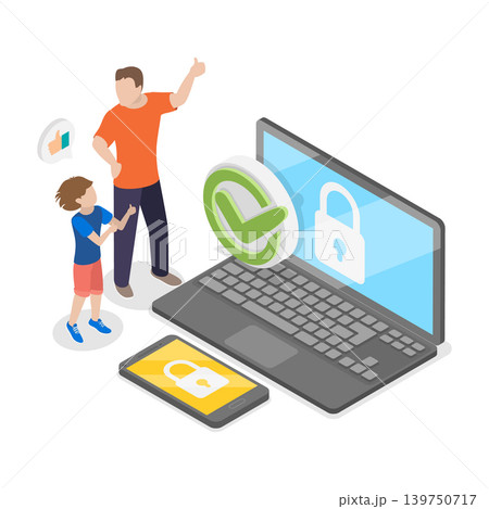 3D Isometric Flat Vector Illustration of Internet Cyber Safety, Parental Control. Item 4 3D Isometric Flat Vector Illustration of Internet Cyber Safety, Parental Control. Item 4 139750717