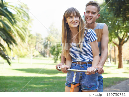 Portrait, love and couple smile on bicycle journey, outdoor wellness and romantic date in nature park. Travel, transportation and happy bonding man, woman or people ride bike on cycling trip in Spain Portrait, love and couple smile on bicycle journey, outdoor wellness and romantic date in nature park. Travel, transportation and happy bonding man, woman or people ride bike on cycling trip in Spain 139750781
