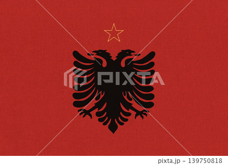 Vintage illustration of Albanian communist flag from Enver Hoxha era on fabric 139750818