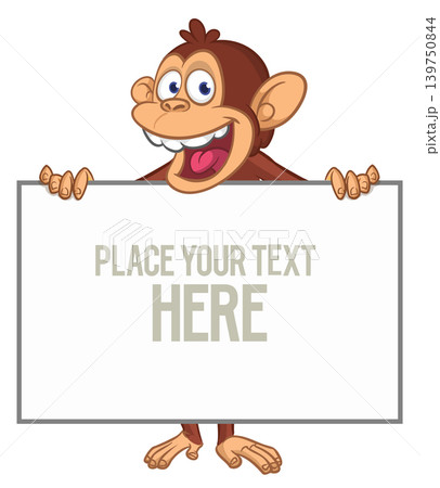 Cartoon monkey chimpanzee holding blank empty white paper or placard for menu or greetings. Vector illustration of happy monkey character Cartoon monkey chimpanzee holding blank empty white paper or placard for menu or greetings. Vector illustration of happy monkey character 139750844