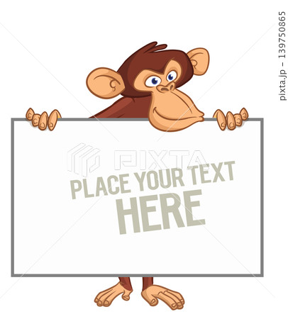 Cartoon monkey chimpanzee holding blank empty white paper or placard for menu or greetings. Vector illustration of happy monkey character 139750865