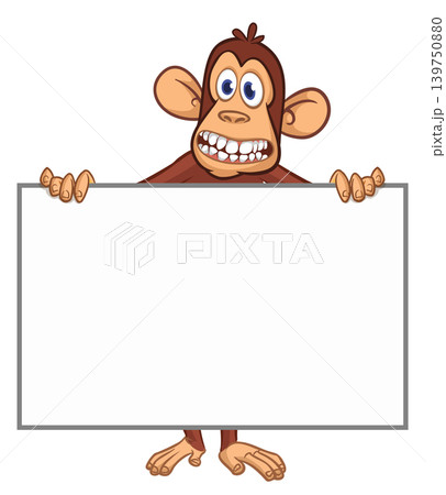 Cartoon monkey chimpanzee holding blank empty white paper or placard for menu or greetings. Vector illustration of happy monkey character 139750880