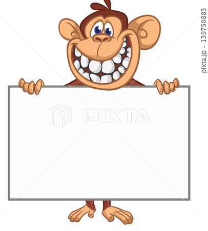Cartoon monkey chimpanzee holding blank empty white paper or placard for menu or greetings. Vector illustration of happy monkey character Cartoon monkey chimpanzee holding blank empty white paper or placard for menu or greetings. Vector illustration of happy monkey character 139750883