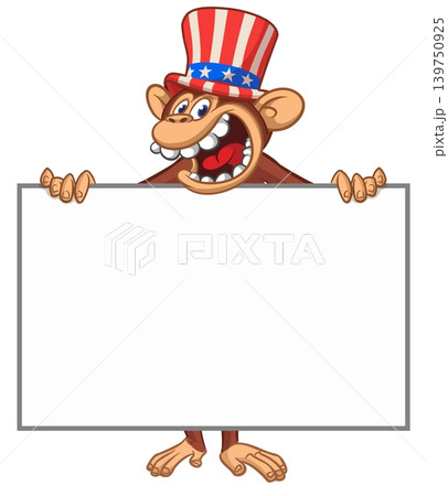 Cartoon monkey chimpanzee holding blank empty white paper for menu or greetings. Vector illustration for America Independence 4th of July 139750925