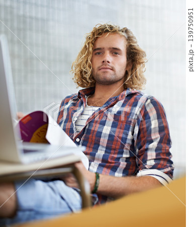 Student, reading and learning in classroom for education, language development or knowledge in university. Young man listening to lecture with books for college, laptop research or course information 139750951
