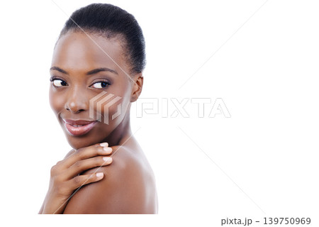 Skincare, mockup and face of black woman with smile natural makeup and healthy glow in studio. Cosmetics, dermatology and happy beauty model on white background space for skin care, shine or wellness Skincare, mockup and face of black woman with smile natural makeup and healthy glow in studio. Cosmetics, dermatology and happy beauty model on white background space for skin care, shine or wellness 139750969