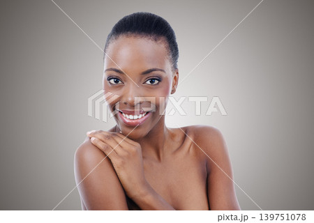 Skincare, gray background and portrait of black woman for wellness, cosmetics and natural glow in studio. Dermatology, beauty aesthetic and face of person for glamour, luxury spa and facial treatment Skincare, gray background and portrait of black woman for wellness, cosmetics and natural glow in studio. Dermatology, beauty aesthetic and face of person for glamour, luxury spa and facial treatment 139751078