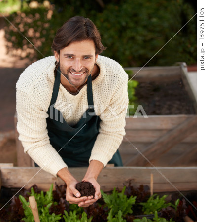 Portrait, farmer and man with soil for agriculture, smile and ecology for sustainability of nature. Face, gardener and happy person with fertilizer, earth and dirt for growth of plants in environment Portrait, farmer and man with soil for agriculture, smile and ecology for sustainability of nature. Face, gardener and happy person with fertilizer, earth and dirt for growth of plants in environment 139751105