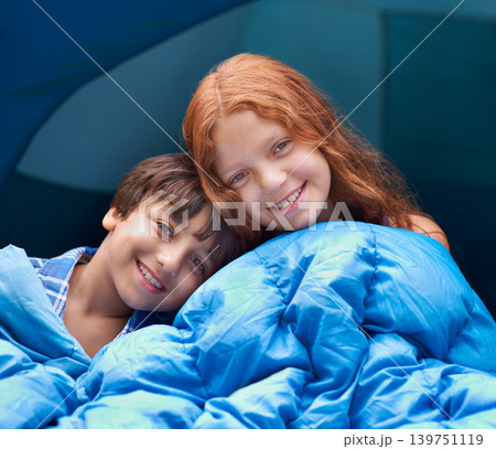 Love, portrait and children hug with blanket for camping, comfort and bonding outdoor together. Happy family, face and kids outside for journey, fun and adventure in a forest for vacation sleepover Love, portrait and children hug with blanket for camping, comfort and bonding outdoor together. Happy family, face and kids outside for journey, fun and adventure in a forest for vacation sleepover 139751119