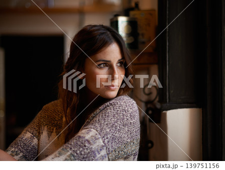 Woman, thinking and wondering in home for relax with lonely, waiting and ideas with mental health on weekend. Person, thoughtful and morning with break, contemplation and daydreaming in apartment 139751156