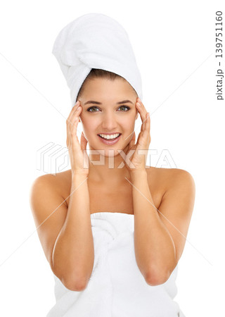 Towel, beauty and portrait with happy woman over cosmetics, aesthetic makeup or facial collagen results. Bathroom, spa and person in studio for skincare, hygiene or foundation on white background Towel, beauty and portrait with happy woman over cosmetics, aesthetic makeup or facial collagen results. Bathroom, spa and person in studio for skincare, hygiene or foundation on white background 139751160