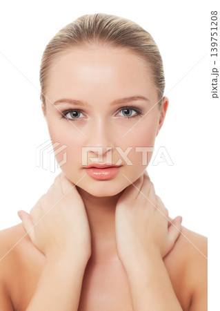 Woman, makeup and beauty with portrait, hands and model for skincare, cosmetics on white background. Topless, beautiful and headshot with shine, face and clean with glow, cosmetology or grooming Woman, makeup and beauty with portrait, hands and model for skincare, cosmetics on white background. Topless, beautiful and headshot with shine, face and clean with glow, cosmetology or grooming 139751208