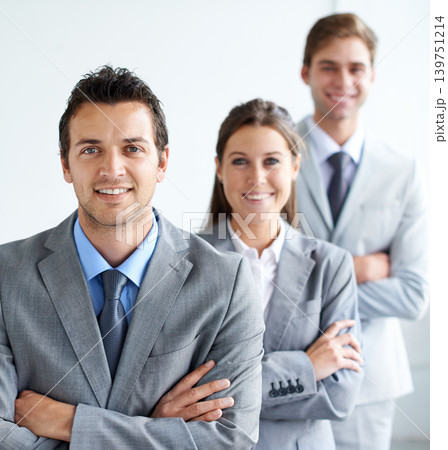 Businessman, portrait and leader with team, arms crossed and happy for future in finance career. Colleagues, accountants in suit and professional in workplace, people in background and confident Businessman, portrait and leader with team, arms crossed and happy for future in finance career. Colleagues, accountants in suit and professional in workplace, people in background and confident 139751214