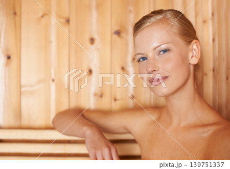 Woman, portrait or wellness in sauna for health, detox or sweat for skincare, heat therapy and anti aging. Person, face or wood steam room for weight loss, stress relief or zen with beauty treatment Woman, portrait or wellness in sauna for health, detox or sweat for skincare, heat therapy and anti aging. Person, face or wood steam room for weight loss, stress relief or zen with beauty treatment 139751337