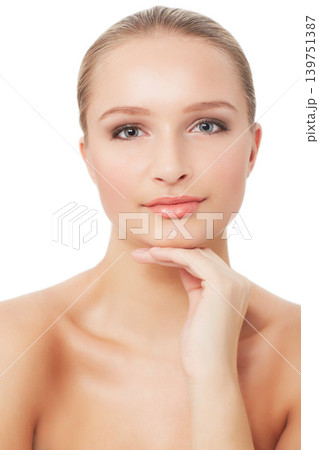 Woman, makeup and beauty with portrait, face and model for skin, cosmetics on white background. Topless, beautiful and headshot with shine, skincare or clean for facial glow, dermatology or grooming 139751387