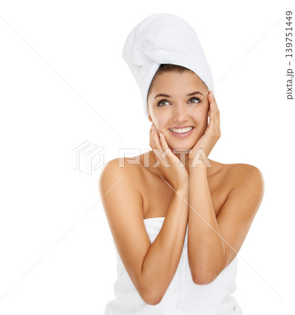 Towel, happiness and woman and beauty routine, self care treatment or mockup space for cosmetology. Cosmetics, spa and studio model for skincare glow, hygiene or wellness on white background 139751449