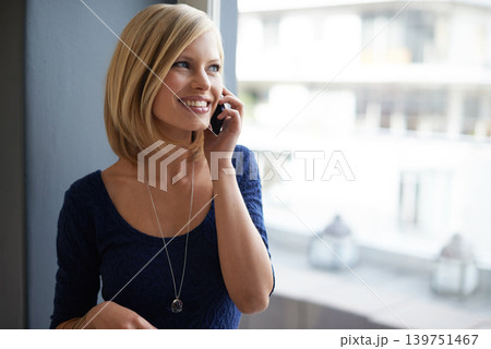 Smile, phone call and woman by window, listening to contact or news in home. Smartphone, chat and happy person in communication, connection or speaking for networking in conversation on mobile tech 139751467