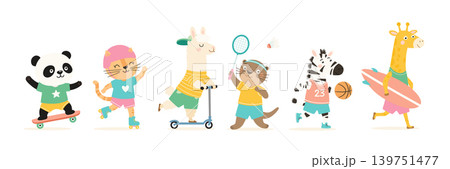 Cute Animal Sports Set Vector Illustration. Panda on Skateboard, Cat on Roller Skates, Llama on Scooter, Otter Playing Badminton, Zebra With Basketball and Giraffe With Surfboard Cute Animal Sports Set Vector Illustration. Panda on Skateboard, Cat on Roller Skates, Llama on Scooter, Otter Playing Badminton, Zebra With Basketball and Giraffe With Surfboard 139751477