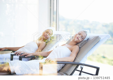 Women, spa and sleeping after massage, facial or hotel beauty treatment with rest. Relax, calm and nap at luxury salon with care and hospitality from skincare and wellness with peace at a resort Women, spa and sleeping after massage, facial or hotel beauty treatment with rest. Relax, calm and nap at luxury salon with care and hospitality from skincare and wellness with peace at a resort 139751485