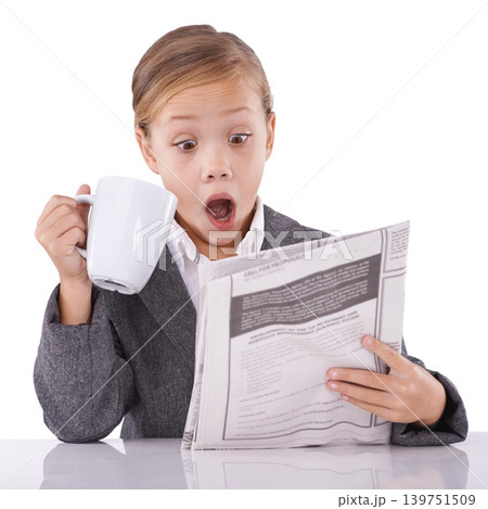 Young child, reading and newspaper headlines in studio with shock for business, coffee and surprise of daily events. Little girl, suit or thinking by mug as pretend professional or white background Young child, reading and newspaper headlines in studio with shock for business, coffee and surprise of daily events. Little girl, suit or thinking by mug as pretend professional or white background 139751509