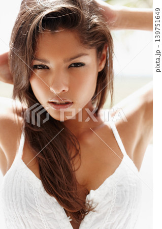 Portrait, beauty and hair with woman outdoor in nature for feminine allure in summer. Face, aesthetic or natural and confident model in sunlight with a silk or satin dress for fashion or style Portrait, beauty and hair with woman outdoor in nature for feminine allure in summer. Face, aesthetic or natural and confident model in sunlight with a silk or satin dress for fashion or style 139751649