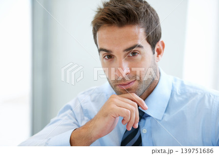 Businessman, portrait and thinking in office for career, professional and employee at corporate job. Entrepreneur, face or person for assertive, confidence or pride with calm expression at workplace 139751686