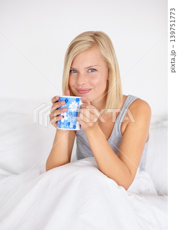 Morning, tea and portrait of woman in bed to relax in home with happiness and wellness detox. Matcha, drink and girl with smile in bedroom on holiday or vacation with health in apartment and house Morning, tea and portrait of woman in bed to relax in home with happiness and wellness detox. Matcha, drink and girl with smile in bedroom on holiday or vacation with health in apartment and house 139751773