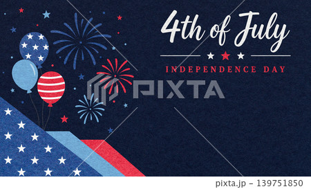 4th of July Independence Day dark blue textured paper background with red fireworks and balloons with copy space for banner 139751850