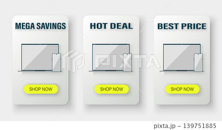 Three stylish vertical cards for an electronics e-commerce store. Minimalist design featuring soft shadows, laptop and smartphone icons, bright yellow "Shop Now" buttons, and promotional headings: Meg Three stylish vertical cards for an electronics e-commerce store. Minimalist design featuring soft shadows, laptop and smartphone icons, bright yellow "Shop Now" buttons, and promotional headings: Meg 139751885