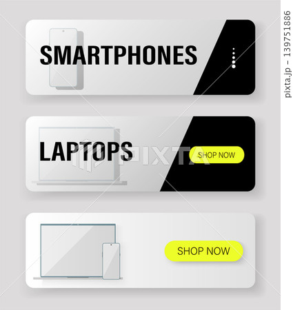 A collection of three modern web banners for an e-commerce store. The design features a high-contrast black and white style with smooth gradients and bright yellow "Shop Now" buttons. Includes layouts A collection of three modern web banners for an e-commerce store. The design features a high-contrast black and white style with smooth gradients and bright yellow "Shop Now" buttons. Includes layouts 139751886