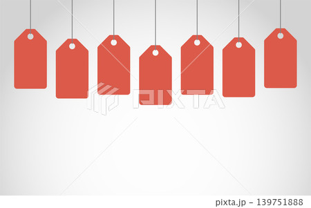 Vector illustration of seven blank red price tags hanging on strings in a horizontal row. Minimalist flat design with a light gradient background and plenty of copy space at the bottom for text. Perfe Vector illustration of seven blank red price tags hanging on strings in a horizontal row. Minimalist flat design with a light gradient background and plenty of copy space at the bottom for text. Perfe 139751888