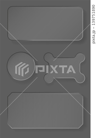 A collection of four transparent vector plates in various shapes: rounded rectangle, circle, decorative frame, and octagon. Elegant glassmorphism design featuring soft blur, subtle highlights, and rea A collection of four transparent vector plates in various shapes: rounded rectangle, circle, decorative frame, and octagon. Elegant glassmorphism design featuring soft blur, subtle highlights, and rea 139751890