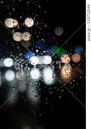 Rainy Night City Lights Bokeh. Abstract Urban Background with Raindrops. Rainy Night City Lights Bokeh. Abstract Urban Background with Raindrops. 139752049