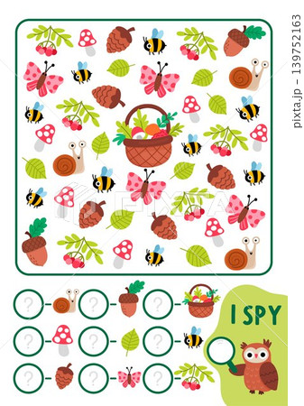 Forest I spy game for kids. Searching and counting activity with woodland symbols. Wildlife printable worksheet for preschool children. Simple spotting puzzle with basket, mushrooms, bumblebee Forest I spy game for kids. Searching and counting activity with woodland symbols. Wildlife printable worksheet for preschool children. Simple spotting puzzle with basket, mushrooms, bumblebee 139752163