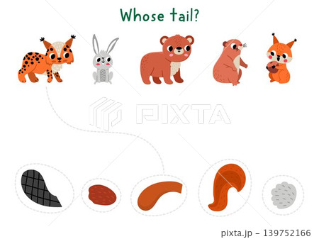 Forest matching activity with cute animals and their tails. Woodland puzzle with lynx, hare, bear, beaver, squirrel. Match object game with body part. Wildlife printable worksheet 139752166