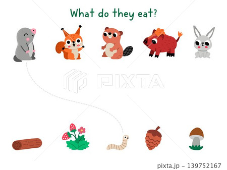 Forest matching activity with cute baby animals and their food. Woodland puzzle with little hare, beaver, squirrel, mole, boar. Match what they eat game. Wildlife printable worksheet Forest matching activity with cute baby animals and their food. Woodland puzzle with little hare, beaver, squirrel, mole, boar. Match what they eat game. Wildlife printable worksheet 139752167