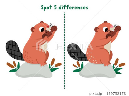 Forest find differences game for children with beaver nibbling log. Woodland educational activity with cute animal. Puzzle for kids with funny character. Printable worksheet, page for logic, Forest find differences game for children with beaver nibbling log. Woodland educational activity with cute animal. Puzzle for kids with funny character. Printable worksheet, page for logic, 139752178