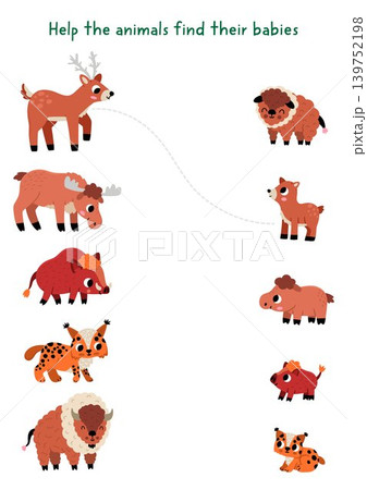 Forest matching activity with cute animals and their babies. Woodland puzzle with deer, elk, boar, lynx, bison. Match object game with parents and children. Wildlife printable worksheet Forest matching activity with cute animals and their babies. Woodland puzzle with deer, elk, boar, lynx, bison. Match object game with parents and children. Wildlife printable worksheet 139752198
