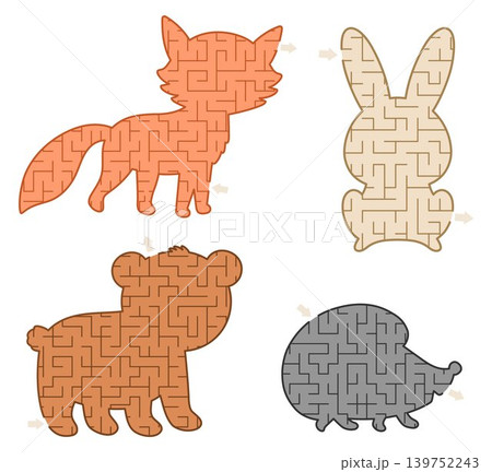 Woodland mazes set with geometrical fox, bear, hare, hedgehog. Simple labyrinth games collection. Printable activity or worksheet shaped as forest animals 139752243