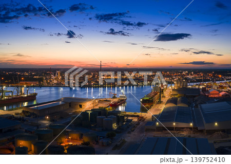 Drone shot showcasing its chemical, petrochemical, and port industries at night Drone shot showcasing its chemical, petrochemical, and port industries at night 139752410