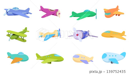 Cartoon toy airplanes. Plastic planes for children games. Flying transport, modern and retro style models. Isolated toys, sapid vector clipart 139752435