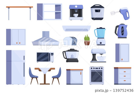 Cartoon kitchen furniture. Dinner room interior elements, table with chairs, cabinets, small electric appliances. Household, home design sapid vector set Cartoon kitchen furniture. Dinner room interior elements, table with chairs, cabinets, small electric appliances. Household, home design sapid vector set 139752436