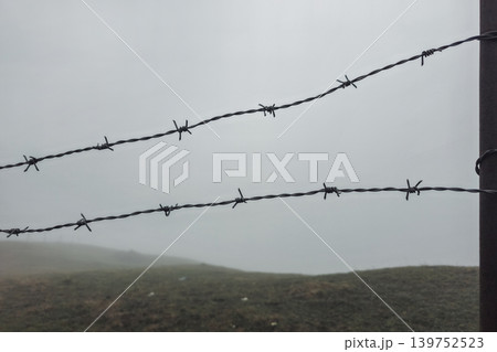 Damp fog blankets the hillside behind barbed wire Damp fog blankets the hillside behind barbed wire 139752523