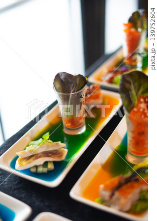 Creative Fine Dining Food Presentation with Gourmet Starters Creative Fine Dining Food Presentation with Gourmet Starters 139752604