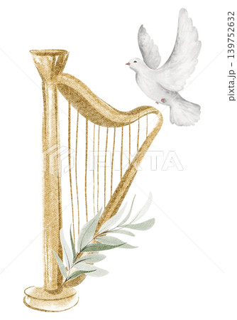Harp Instrument Illustration Watercolor Hand Painted 139752632