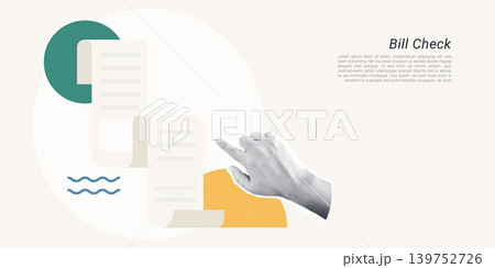 Trendy Halftone Collage of a halftone hand pointing at an invoice document with stamp and text lines, symbolizing bill check and payment verification, ideal for finance and accounting content. 139752726