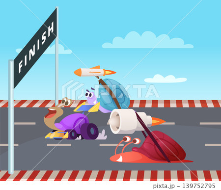 Fast snails. funny cartoon race riders snails...のイラスト素材 [139752795] - PIXTA