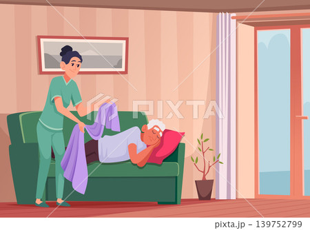 Care elderly. medic personal care of old people. female support person cover grandmother blanket Care elderly. medic personal care of old people. female support person cover grandmother blanket 139752799