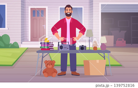 Second hand. People selling old used items on flea market exact vector cartoon background 139752816